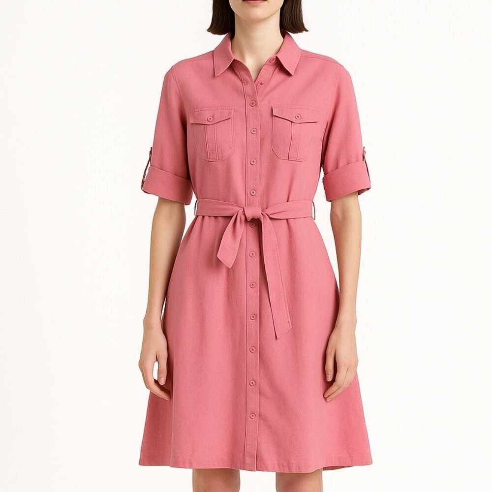 L.L.Bean Pink Linen Blend Button Shirt Dress Size S Petite